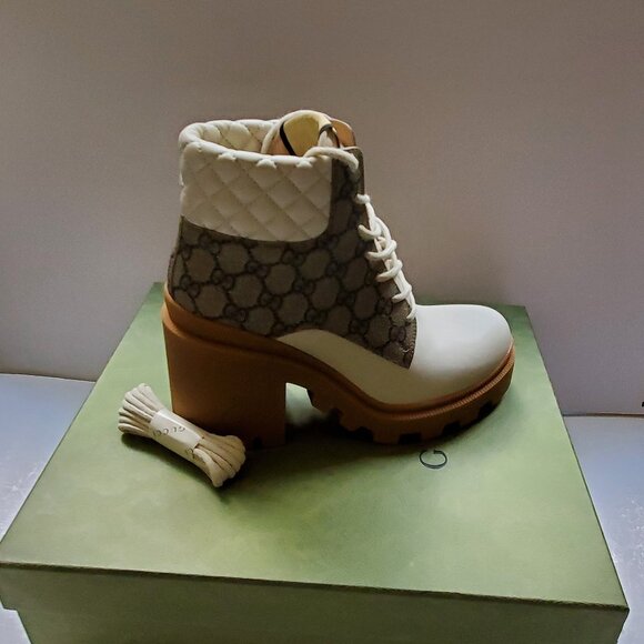 NIB Gucci leather GG canvas combat lug sole boots IT 39.5 - Picture 4 of 9